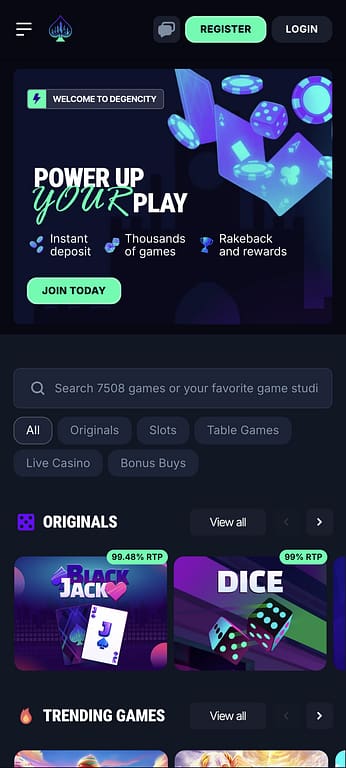 DegenCity casino homepage on mobile