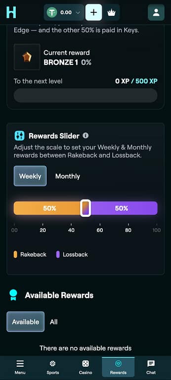 Housebets rewards page on mobile showing the Rewards Slider set to 50% Rakeback and 50% Lossback, with Bronze 1 VIP status and 0/500 XP progress