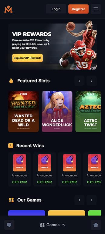 XMR.GG casino mobile homepage showing VIP Rewards banner, Featured Slots carousel, and Recent Wins section on a Pixel 7 device