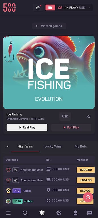 Ice Fishing by Evolution Gaming on 500 Casino showing 97.1% RTP, Real Play and Fun Play options, and high wins leaderboard with multipliers up to 220x on $500 bets