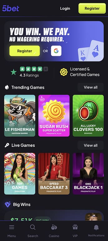 5Bet Casino mobile homepage showing the main banner, trending games including Le Fisherman and Sugar Rush Super Scatter, live games section, and bottom navigation menu on a dark-themed interface.