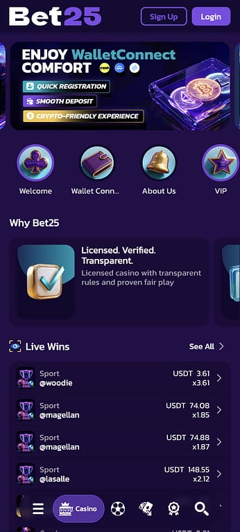 Bet25 mobile homepage showing the casino lobby with Live Wins feed, WalletConnect banner, and bottom navigation bar on a Pixel 7 device