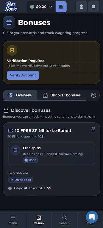 BetSonic bonuses page on mobile showing a verification required notice and 10 free spins offer for Le Bandit.