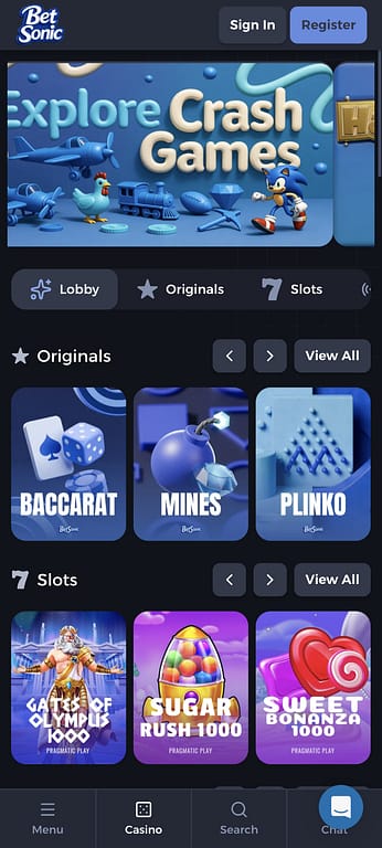 BetSonic casino mobile homepage showing the main banner, Originals and Slots game categories.