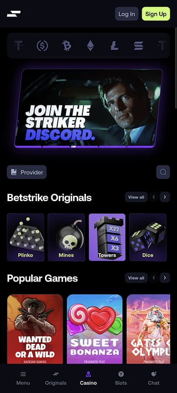 Betstrike casino mobile homepage showing Originals games and popular slots including Wanted Dead or a Wild, Sweet Bonanza, and Gates of Olympus