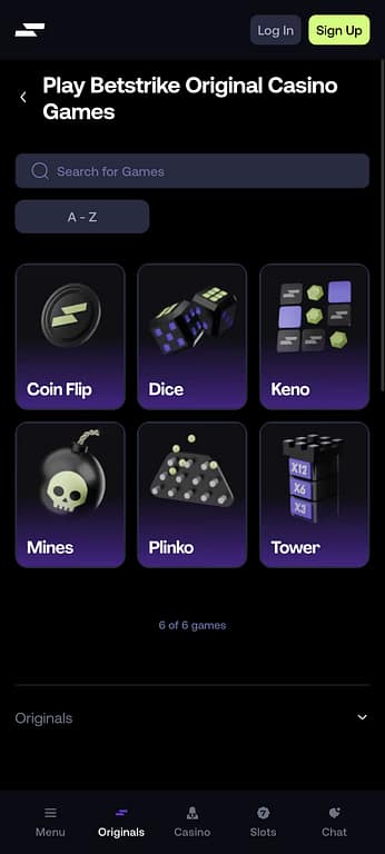 Betstrike Originals lobby on mobile showing all six in-house games: Coin Flip, Dice, Keno, Mines, Plinko, and Tower