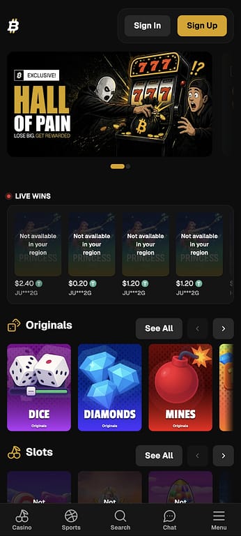 BitFortune Casino mobile lobby showing the Hall of Pain banner, live wins ticker, Originals games section, and bottom navigation bar on a Pixel 7 Android device.