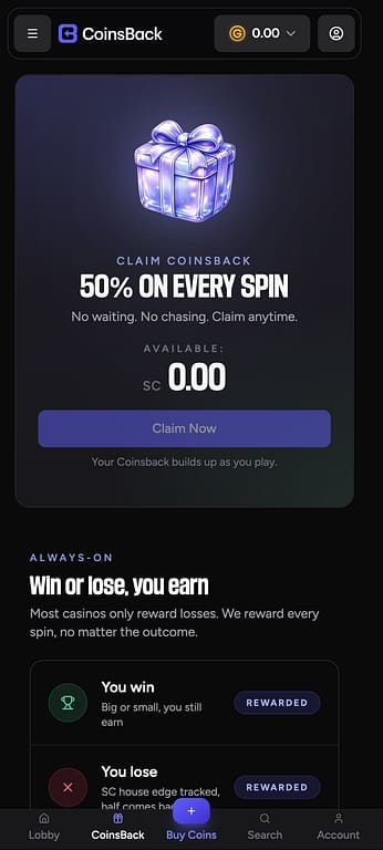CoinsBack Casino's Claim CoinsBack page on mobile showing the 50% on every spin mechanic, a Claim Now button, and the always-on reward breakdown for wins and losses.