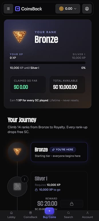 CoinsBack Casino CoinsClub loyalty program page on mobile showing Bronze rank, XP progress bar, SC 10,000 total available, and the rank journey from Bronze to Silver I with a SC 20 reward.