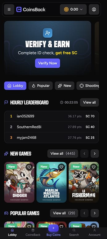 CoinsBack Casino mobile lobby showing the hourly leaderboard, new games section, and bottom navigation bar on a Pixel 7 smartphone.