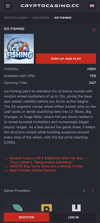 Ice Fishing by Evolution Gaming on CryptoCasino.cc showing high volatility, VPN availability, 24/7 opening times and full game description on mobile