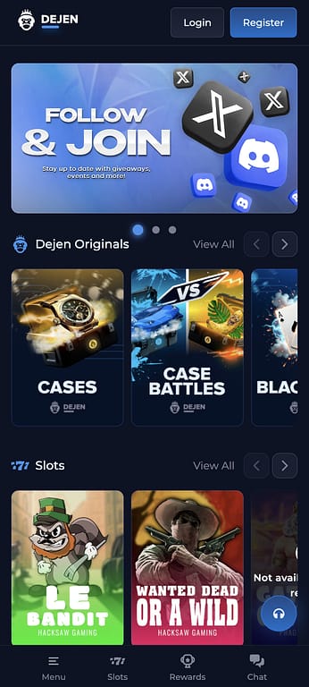 Dejen Casino mobile homepage showing Originals games and slots lobby on a Pixel 7 Android device