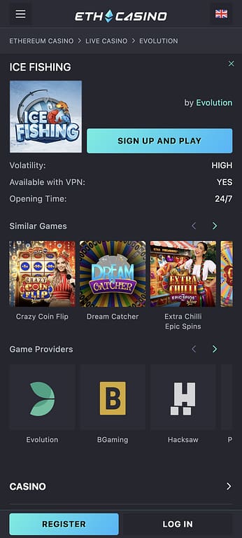 Ice Fishing by Evolution Gaming on ETH Casino showing high volatility, VPN availability, and 24/7 opening times with similar games including Crazy Coin Flip and Dream Catcher
