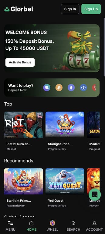 Glorbet casino mobile homepage showing the 150% welcome bonus banner, crypto deposit options, and top slot games including Riot 2 and Starlight Princess