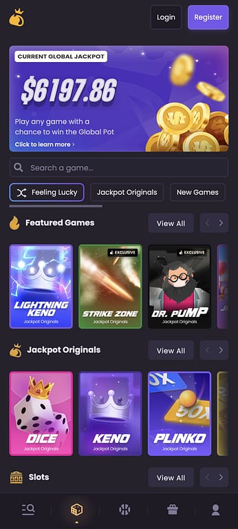 Jackpot.bet mobile homepage showing the Global Jackpot at $6,197.86, featured Originals including Lightning Keno, Strike Zone, and Dr. Pump, and the Jackpot Originals section with Dice, Keno, and Plinko