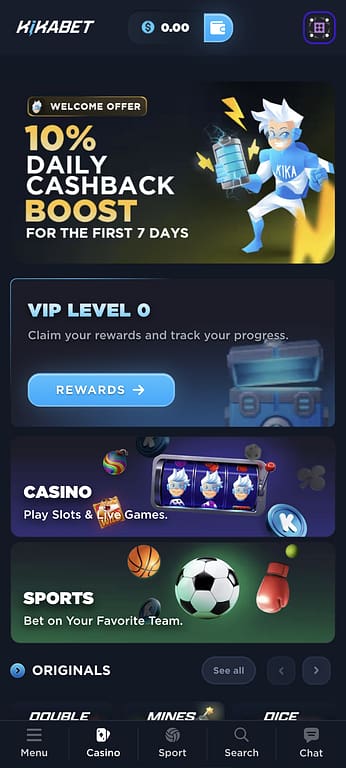 Kikabet mobile homepage showing the 10% daily cashback welcome offer, VIP level tracker, casino and sports sections, and Originals games on a Pixel 7 device.