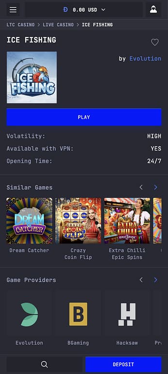 Ice Fishing by Evolution Gaming on LTC Casino showing high volatility, VPN availability, and 24/7 opening times on mobile