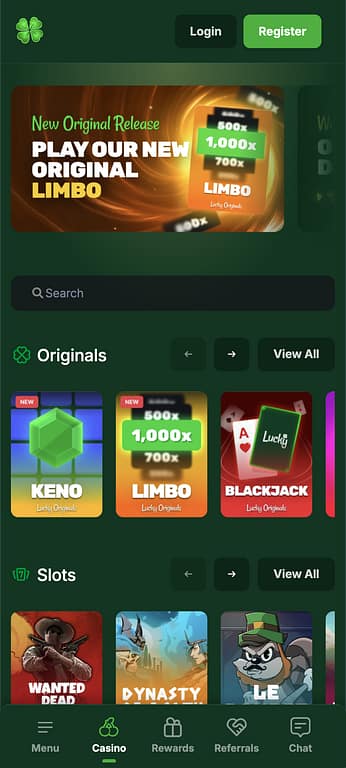 Lucky.fun mobile casino homepage showing Originals games including Keno, Limbo, and Blackjack, with Hacksaw Gaming slots below on a Pixel 7 Android device.