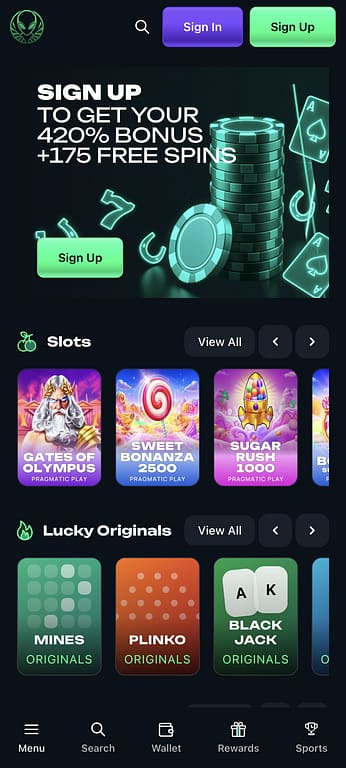Lucky Anon Casino mobile homepage showing the 420% welcome bonus banner, slots lobby with Gates of Olympus and Sweet Bonanza 2500, and Lucky Originals section with Mines, Plinko, and BlackjackLucky Anon Casino mobile interface on Android displaying the welcome bonus offer, Pragmatic Play slots carousel, and in-house provably fair originals Lucky Anon Casino app homepage on mobile showing navigation bar with Menu, Search, Wallet, Rewards, and Sports tabs