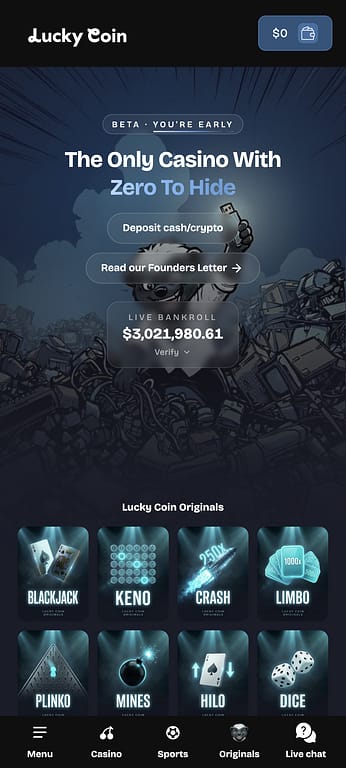 Lucky Coin casino mobile homepage showing the live bankroll of $3,021,980.61 with a Verify button, the "Zero To Hide" tagline, and Lucky Coin Originals games including Blackjack, Keno, Crash, Limbo, Plinko, Mines, HiLo and Dice
