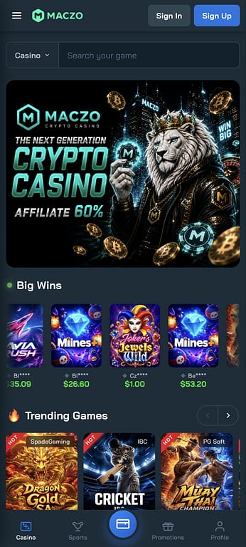 Maczo crypto casino mobile homepage showing the main banner, big wins section, and trending games