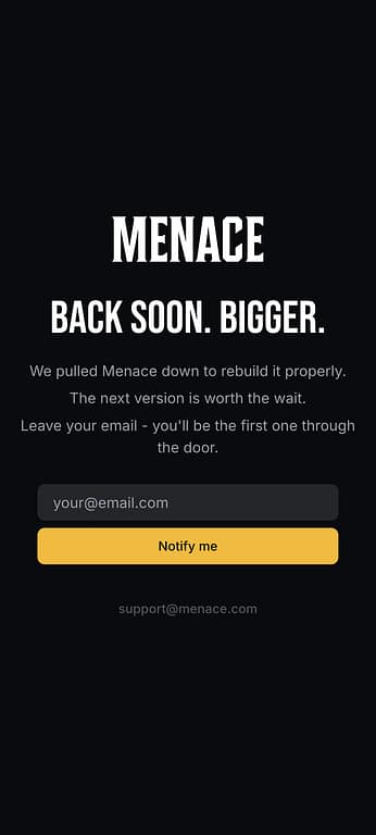 Menace Casino website showing Back Soon Bigger maintenance page with email notification signup