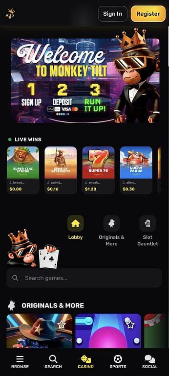 MonkeyTilt casino lobby on mobile showing the welcome banner, live wins ticker, and game category navigation sidebar