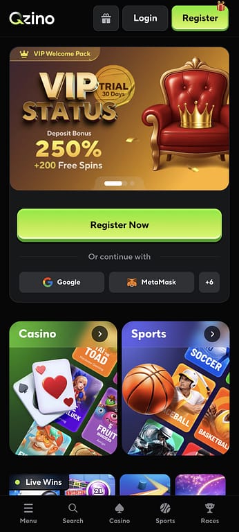 Qzino casino mobile homepage showing VIP Welcome Pack banner with 250% deposit bonus and 200 free spins, registration options including Google and MetaMask, and navigation to Casino and Sports sections.