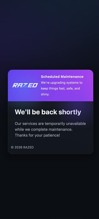 Razed Casino maintenance page displaying "We'll be back shortly" message on May 30, 2026
