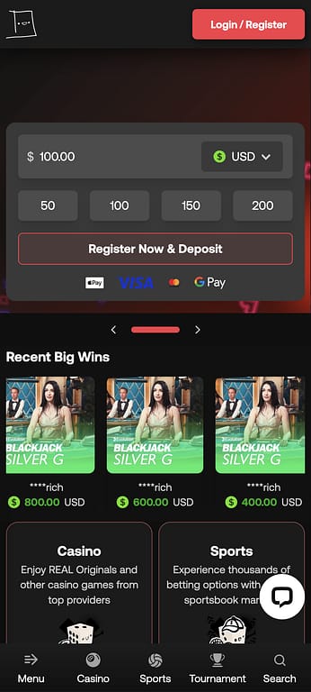 RealBet casino mobile homepage showing the deposit widget, recent big wins feed, and bottom navigation bar with Casino, Sports, Tournament and Search tabs
