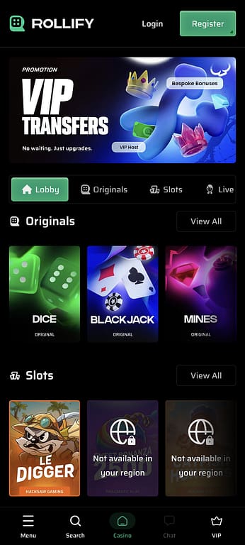 Rollify casino mobile lobby showing the Originals section with Dice, Blackjack and Mines games, the Slots section, and a VIP Transfers promotion banner