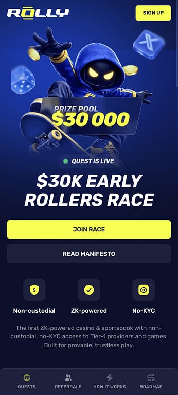 Rolly.io mobile homepage showing the $30K Early Rollers Race prize pool, Join Race button, and Non-custodial, ZK-powered, No-KYC feature icons