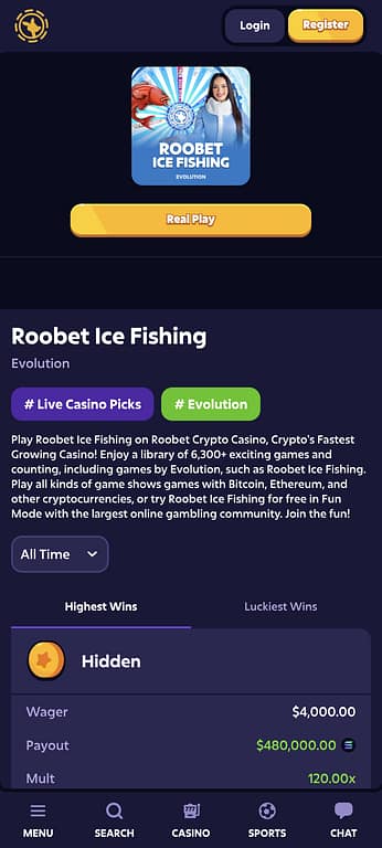 Roobet Ice Fishing branded Evolution game page showing a $480,000 all-time highest payout from a $4,000 wager at 120x multiplier