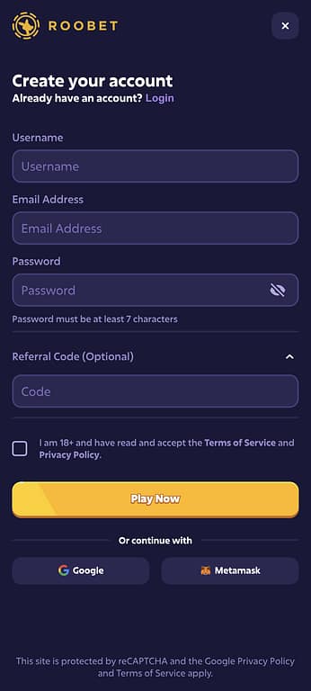 Roobet account registration form on mobile showing the Referral Code (Optional) field expanded with a Code input box, alongside Username, Email Address, and Password fields, and a yellow Play Now button.