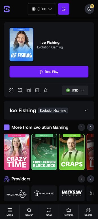 Ice Fishing by Evolution Gaming on Shuffle Casino showing Real Play button, USD balance display, and related Evolution games including Crazy Time and First Person Blackjack