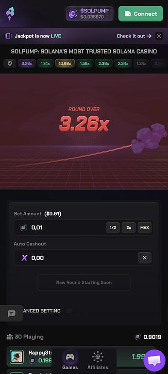 Solpump Casino Crash game on mobile showing a completed round at 3.26x multiplier with bet controls and player list visible