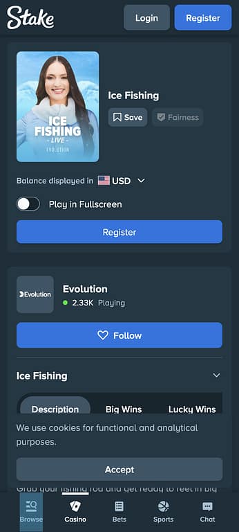 Ice Fishing Live by Evolution Gaming on Stake.com showing 2,330 active players and USD balance display