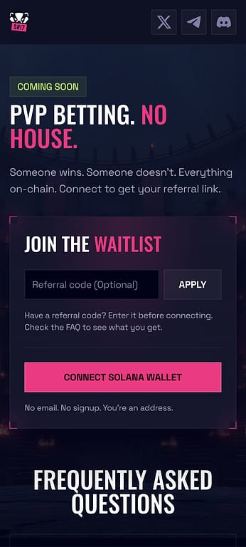 TAUNT.bet mobile homepage showing PVP Betting No House headline and Connect Solana Wallet button