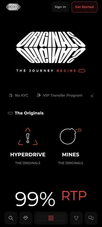 TheOriginals.io mobile homepage showing the logo, No KYC and VIP Transfer Program badges, and the Originals games section with Hyperdrive and Mines, with 99% RTP displayed prominently at the bottom.
