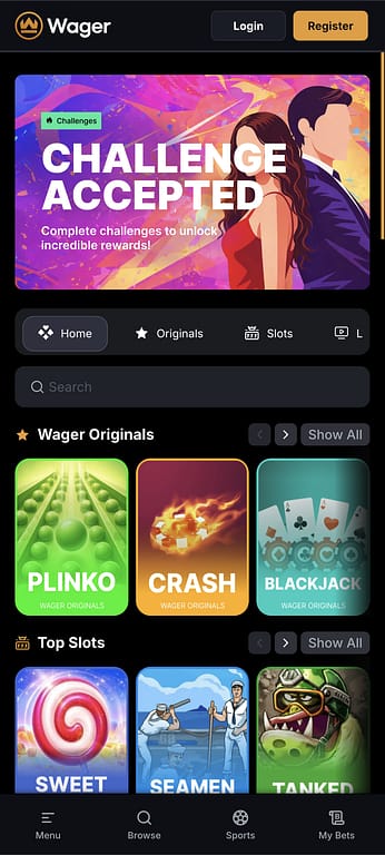 Wager Casino mobile homepage showing the Challenges banner, Wager Originals section with Plinko, Crash and Blackjack, and Top Slots on a dark-themed interface