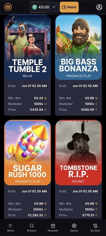 Wager Casino slot challenges page on mobile showing four active challenges on Temple Tumble 2, Big Bass Bonanza, Sugar Rush 1000 and Tombstone R.I.P. with prizes ranging from €430 to €1,292