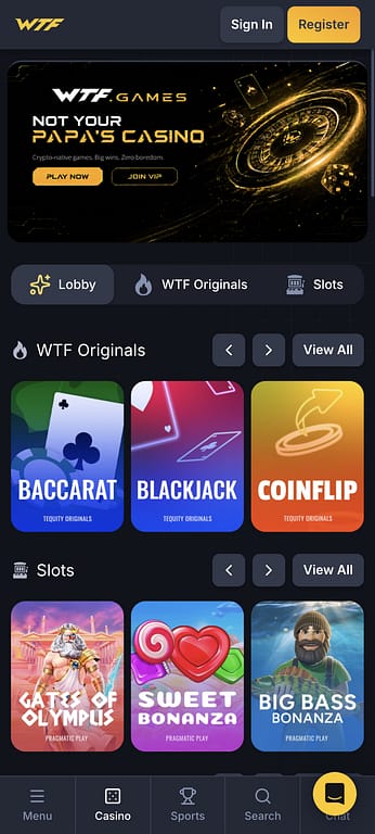WTF.Games mobile homepage showing the casino lobby with WTF Originals and Slots sections