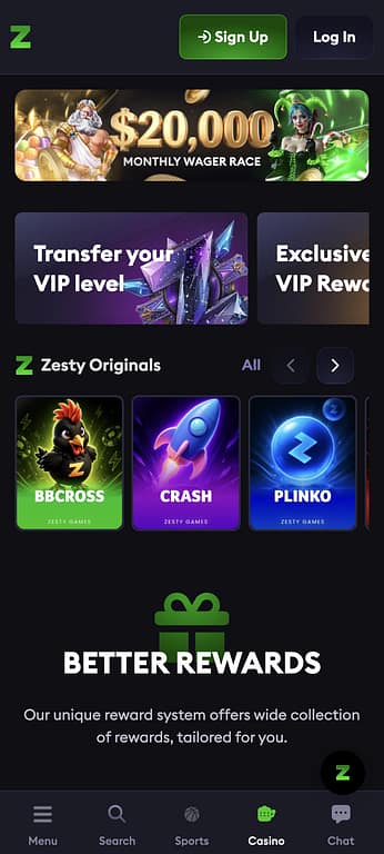 Zesty.bet mobile homepage showing the $20,000 Monthly Wager Race banner, VIP level transfer feature, Zesty Originals games including BBCross, Crash and Plinko, and the Better Rewards section