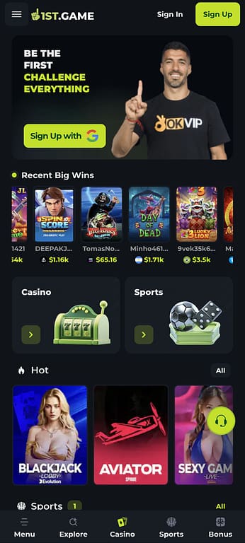 1st.Game casino mobile homepage showing the OKVIP brand ambassador, recent big wins ticker, and game category navigation