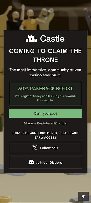 Castle.com pre-registration landing page on mobile showing "Coming to Claim the Throne" headline, 30% Rakeback Boost offer, and links to X and Discord