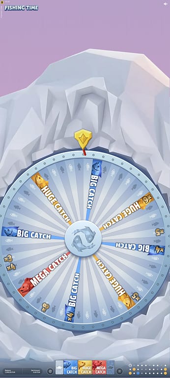 Fishing Time slot by BGaming on mobile, showing the 54-sector wheel with Big Catch, Huge Catch and Mega Catch bonus sectors and random ×3–×9 multipliers applied before the spin