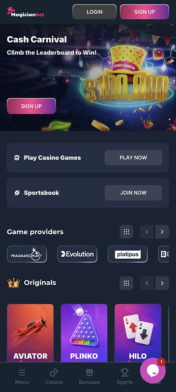 MagicianBet casino mobile homepage showing the $100,000 Cash Carnival promotion, game providers including Pragmatic Play and Evolution, and Originals section with Aviator, Plinko and Hilo