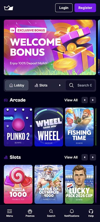 Rizzy Casino mobile homepage showing the welcome bonus banner, arcade games including Plinko 2 and Wheel, and slots including Sweet Bonanza 1000 and Gates of Olympus 1000