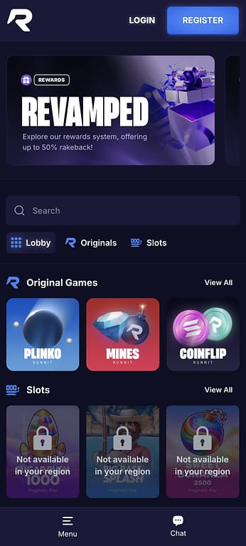 Runnit casino mobile homepage showing original games including Plinko, Mines, and Coinflip, with a rewards banner advertising up to 50% rakeback