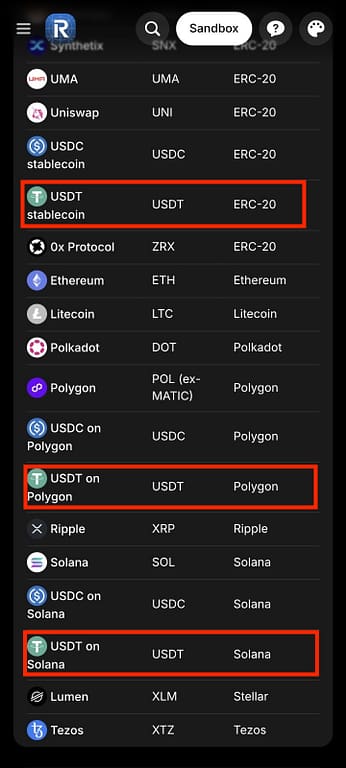 Revolut supported crypto assets list showing USDT stablecoin, USDT on Polygon, and USDT on Solana still listed alongside ETH, XRP, SOL, and other tokens as of 1 July 2026